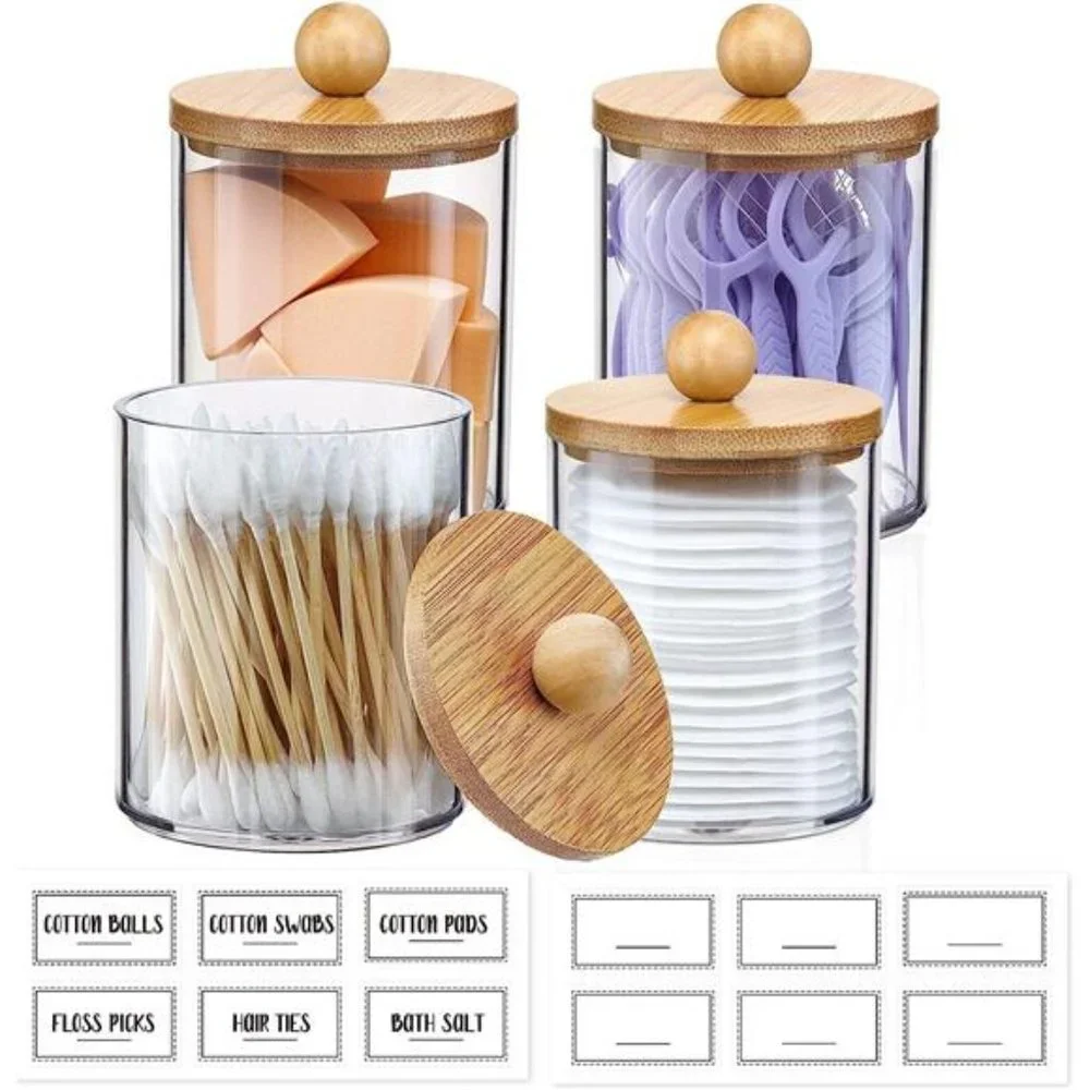 4 Pack Qtip Holder Dispenser with Bamboo Lids 10 oz Clear Plastic Apothecary Jar